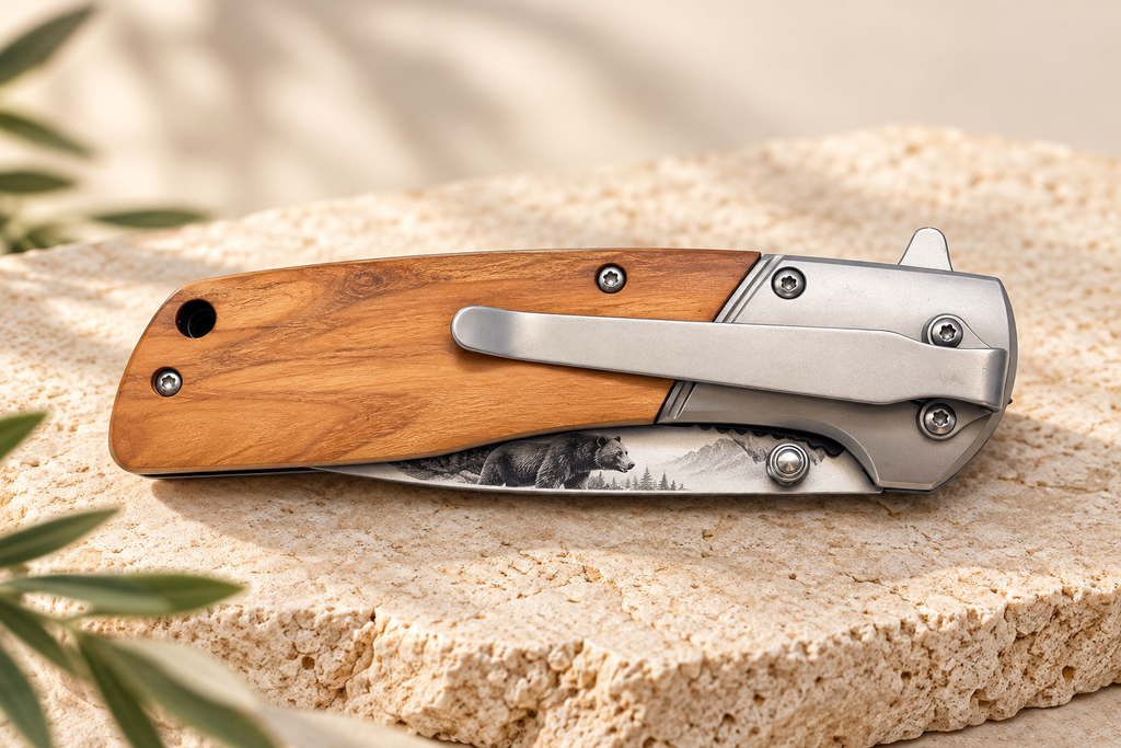 Couteau pliant gravé Ours-Manche en bois personnalisable