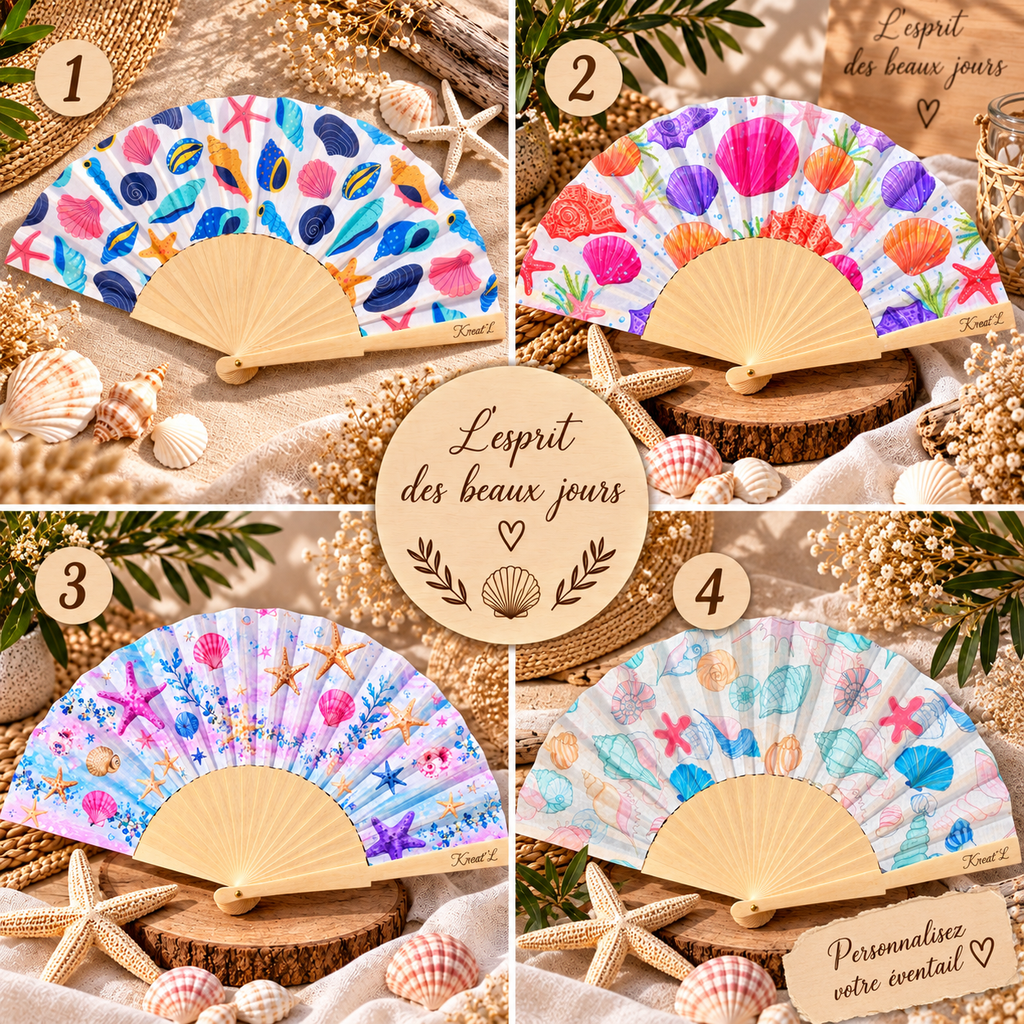 Éventail en bois personnalisable - Motifs coquillages de la mer-