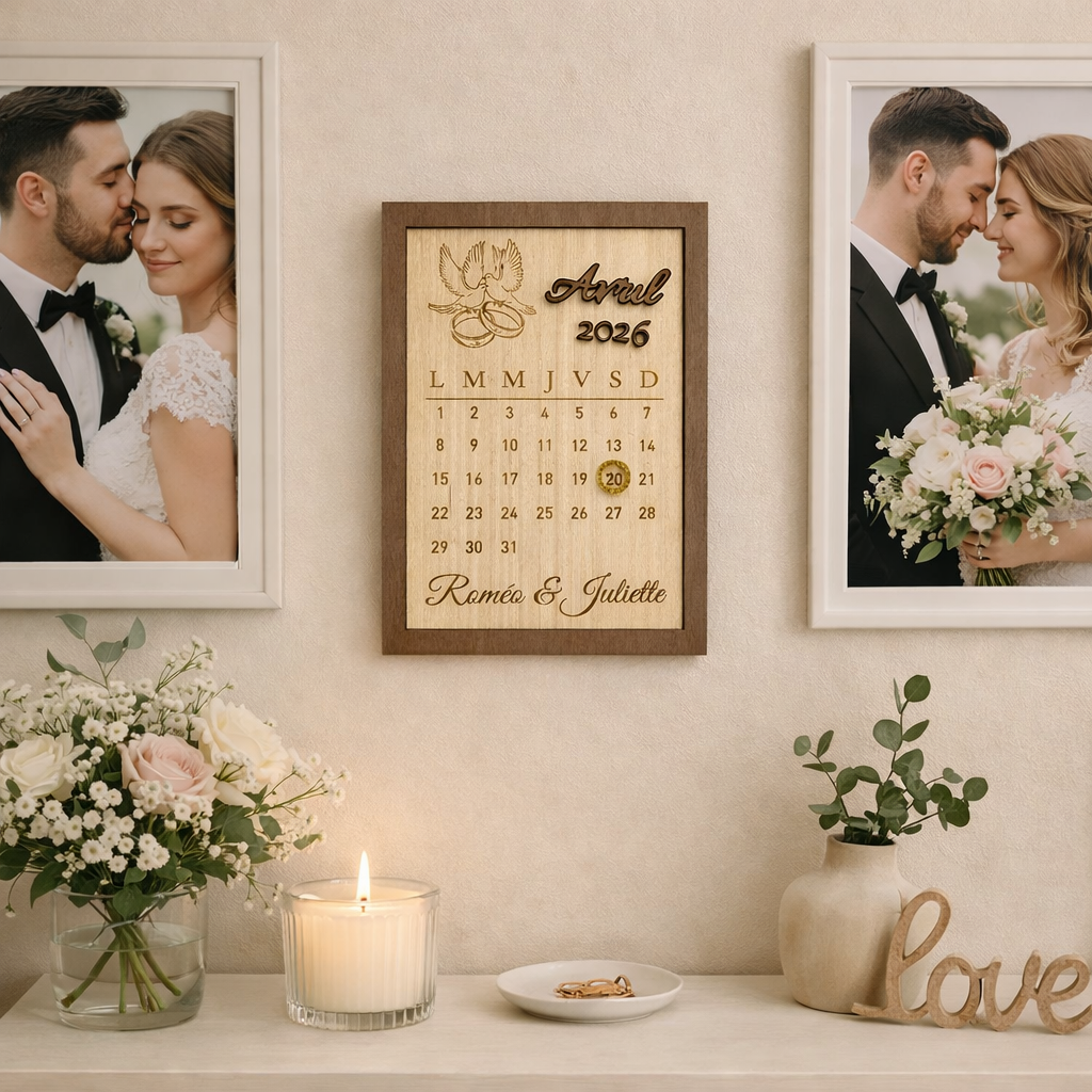 Cadre mural personnalisé en bois de peuplier avec prénoms et date gravés pour mariage