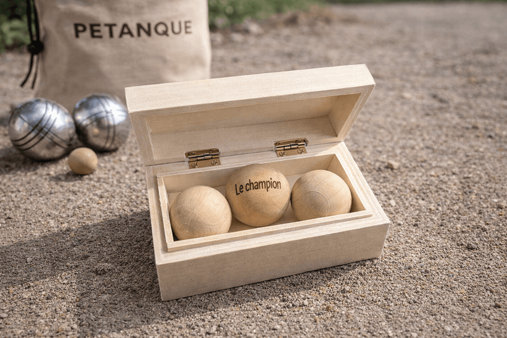 Coffret contenant 3 cochonnets de pétanque en bois personnalisables, présenté dans sa boîte