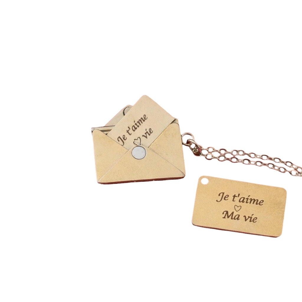 Collier en acier inoxydable avec pendentif enveloppe, permet de cacher un mot doux, un prénom, une date, une déclaration d’amour ou un message symbolique personnalisé
