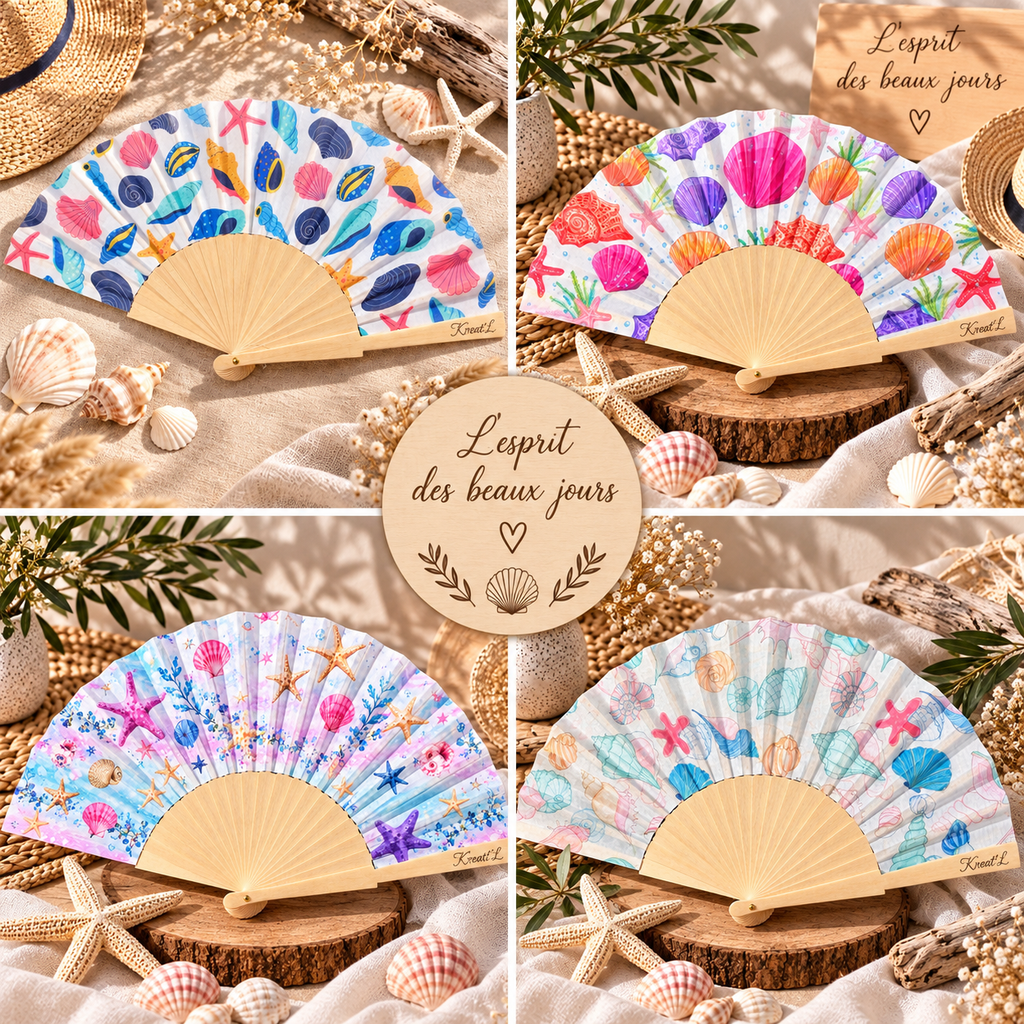 Eventail coquillages multicolores personnalisable en bois