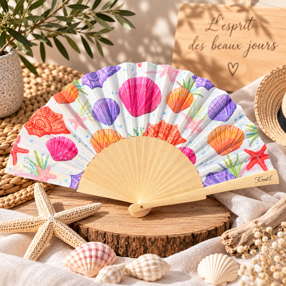 Eventail en bois personnalisable motif coquillage bord de mer couleur-arc-en-ciel- Kréat'L
