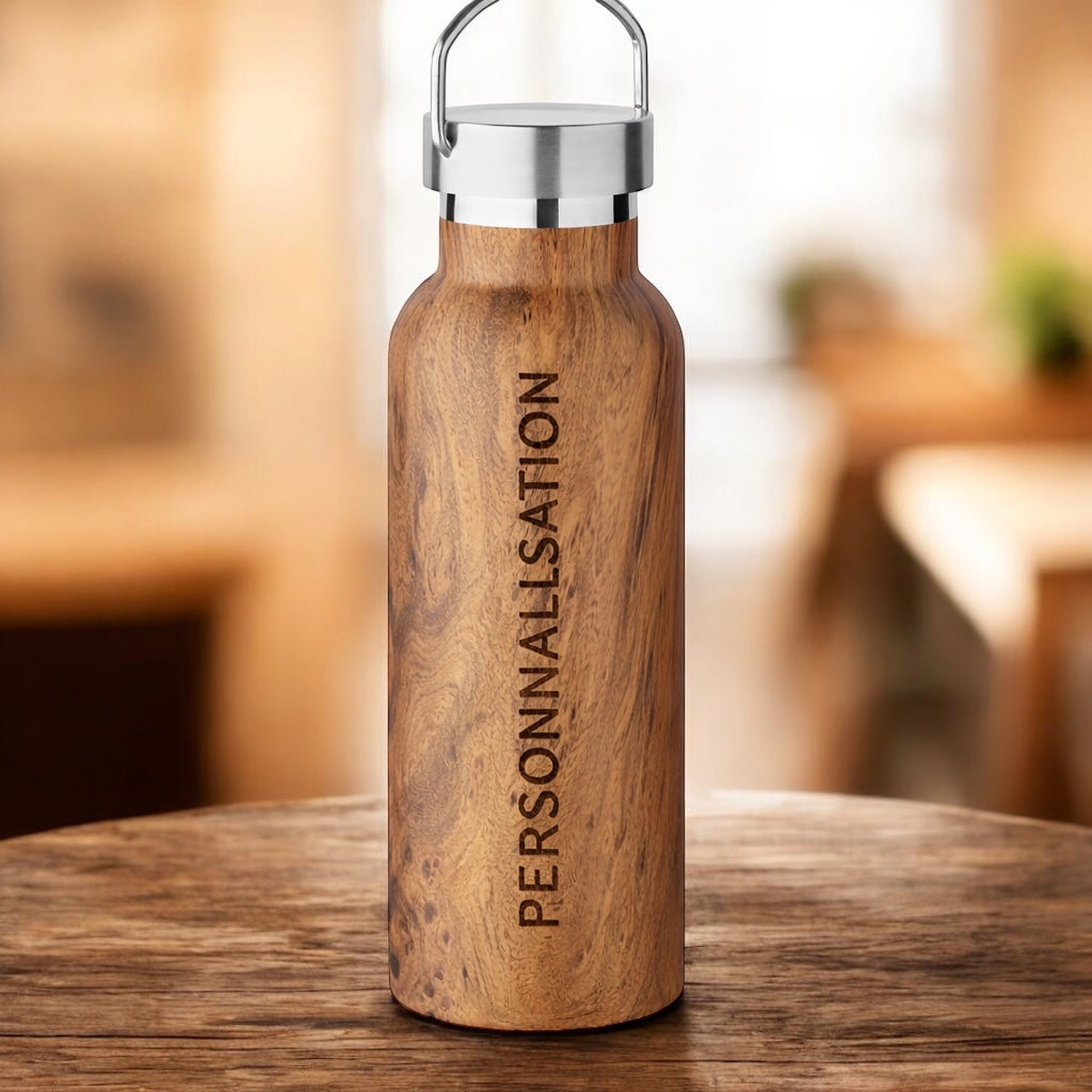 Gourde en bois personnalisable, maintien la température des boissons chaudes 6h et froides 12h, idéale pour usage quotidien