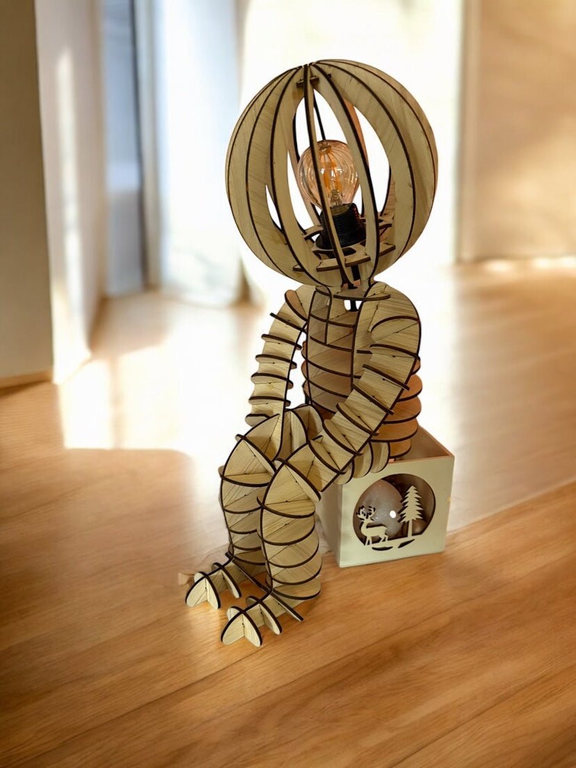 Lampe de chevet en bois de peuplier en forme de bonhomme assis, décoration originale et chaleureuse.