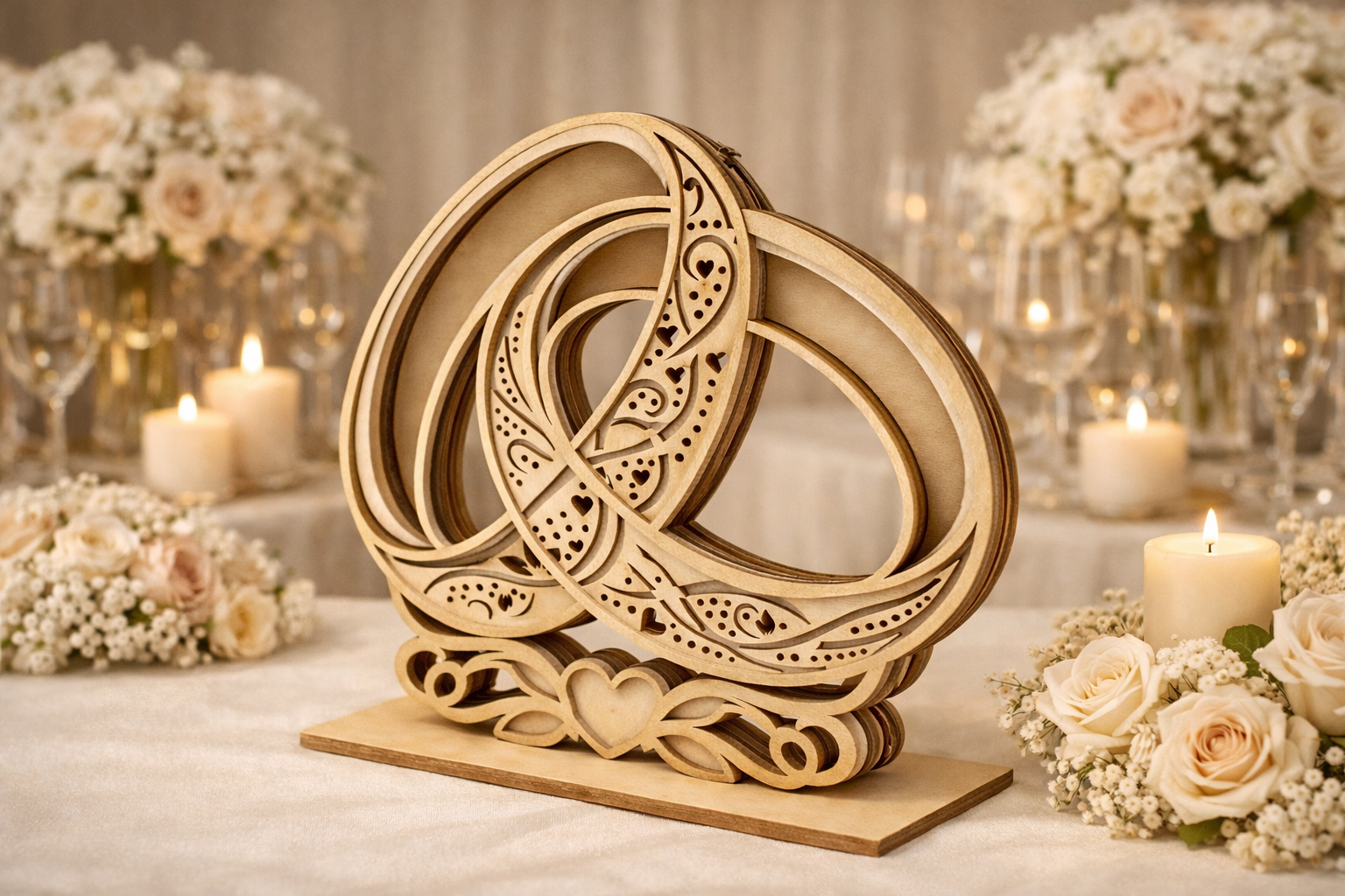 Support pour alliances de mariage en bois de peuplier personnalisé avec prénoms des mariés et date, décoration élégante et artisanale.