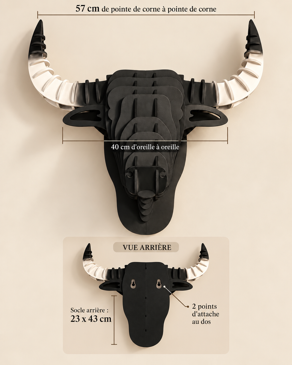 Tête de taureau 3D murale-dimensions 57 cm de corne à corne, 40 cm d'oreille à oreille, vu arrière avec socle 23x43 cm