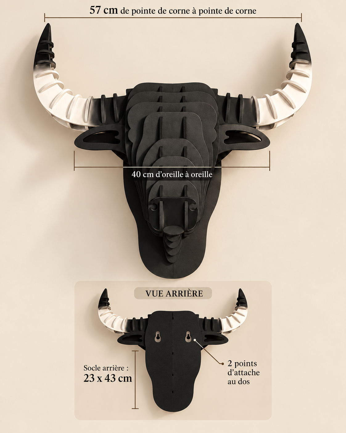 Tête de taureau 3D murale-dimensions 57 cm de corne à corne, 40 cm d'oreille à oreille, vu arrière avec socle 23x43 cm