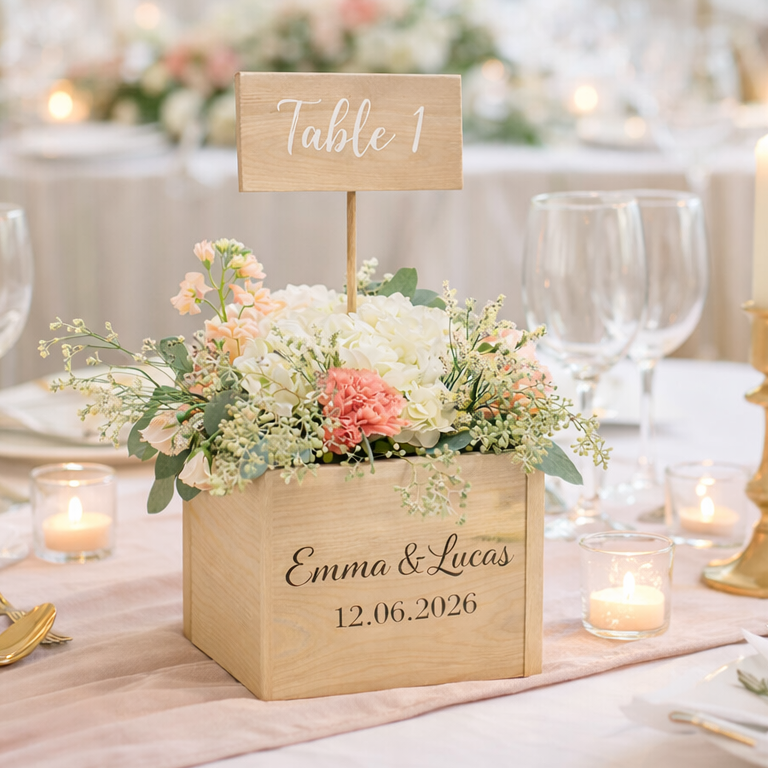 Centre de table mariage en bois de peuplier avec panneau numéro de table et fleurs