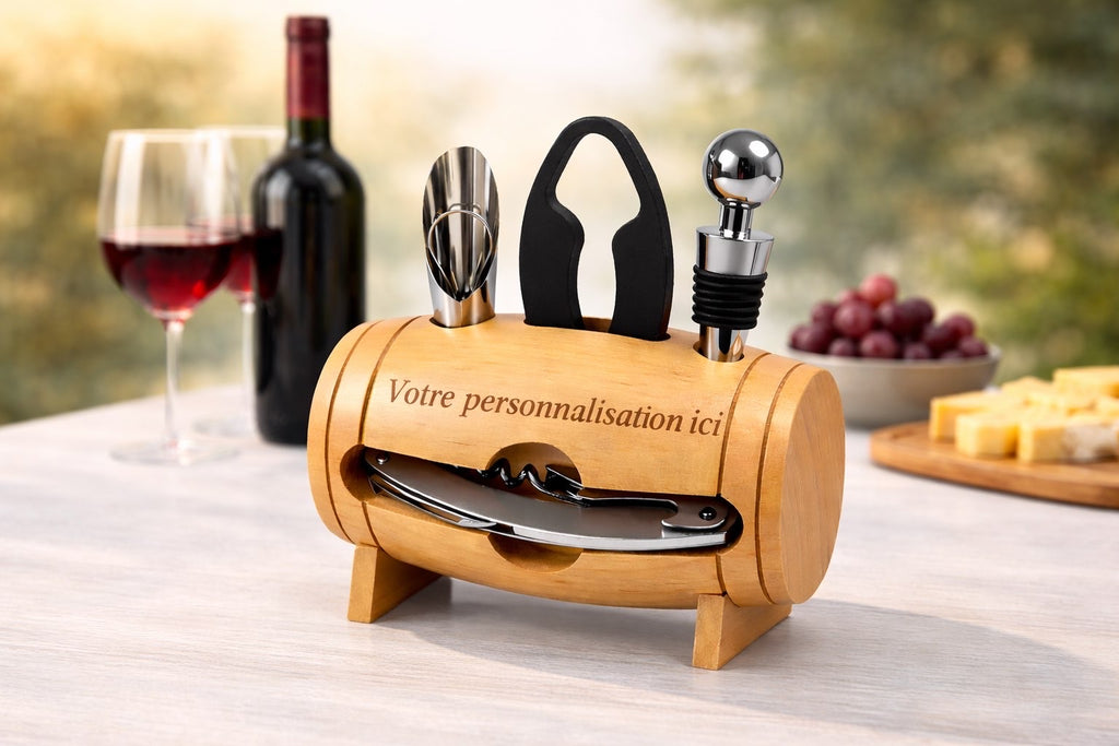 Coffret d’accessoires pour vin en bois en forme de tonneau avec tire-bouchon, bouchon, verseur et coupe-capsule 