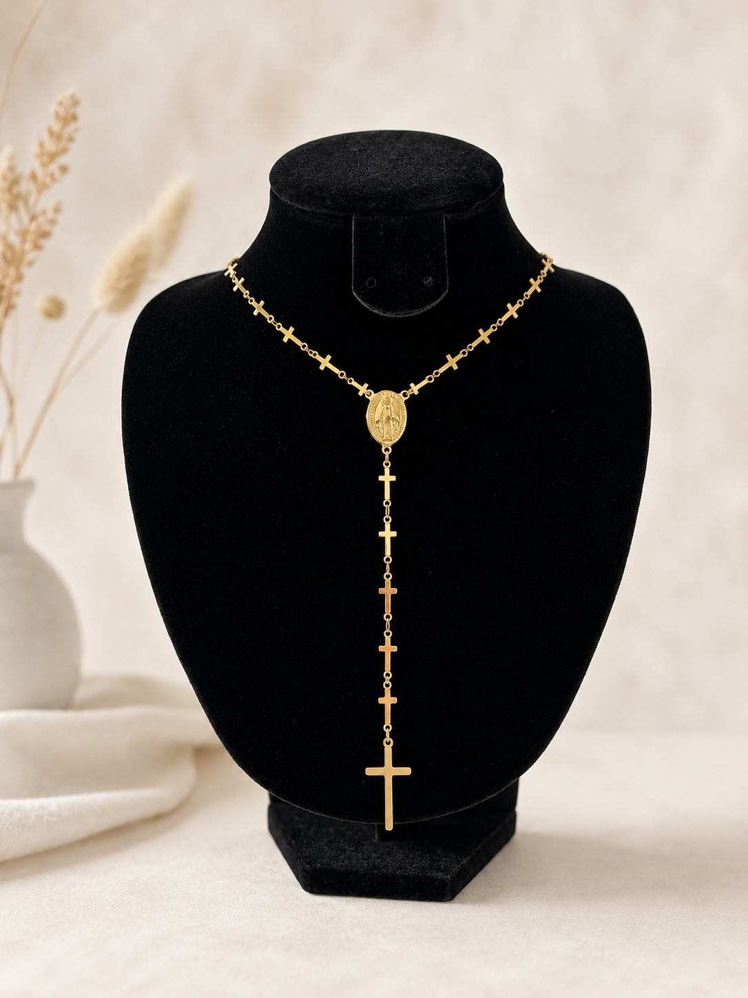 Collier Chapelet Vierge & Croix doré - Acier inoxydable