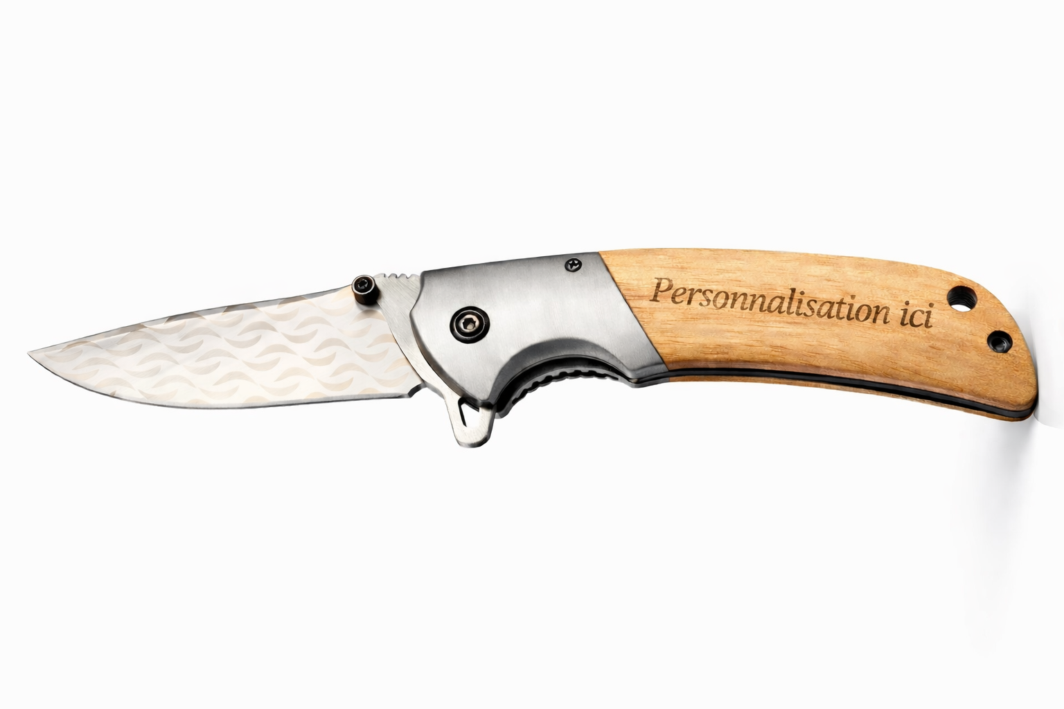 Couteau personnalisé pliant avec manche en bois, clip ceinture et système de verrouillage