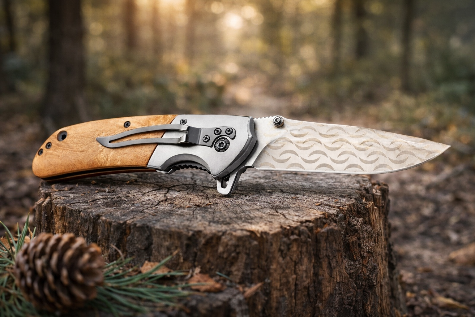 Couteau pliant personnalisable avec manche en bois naturel et lame en acier gravé