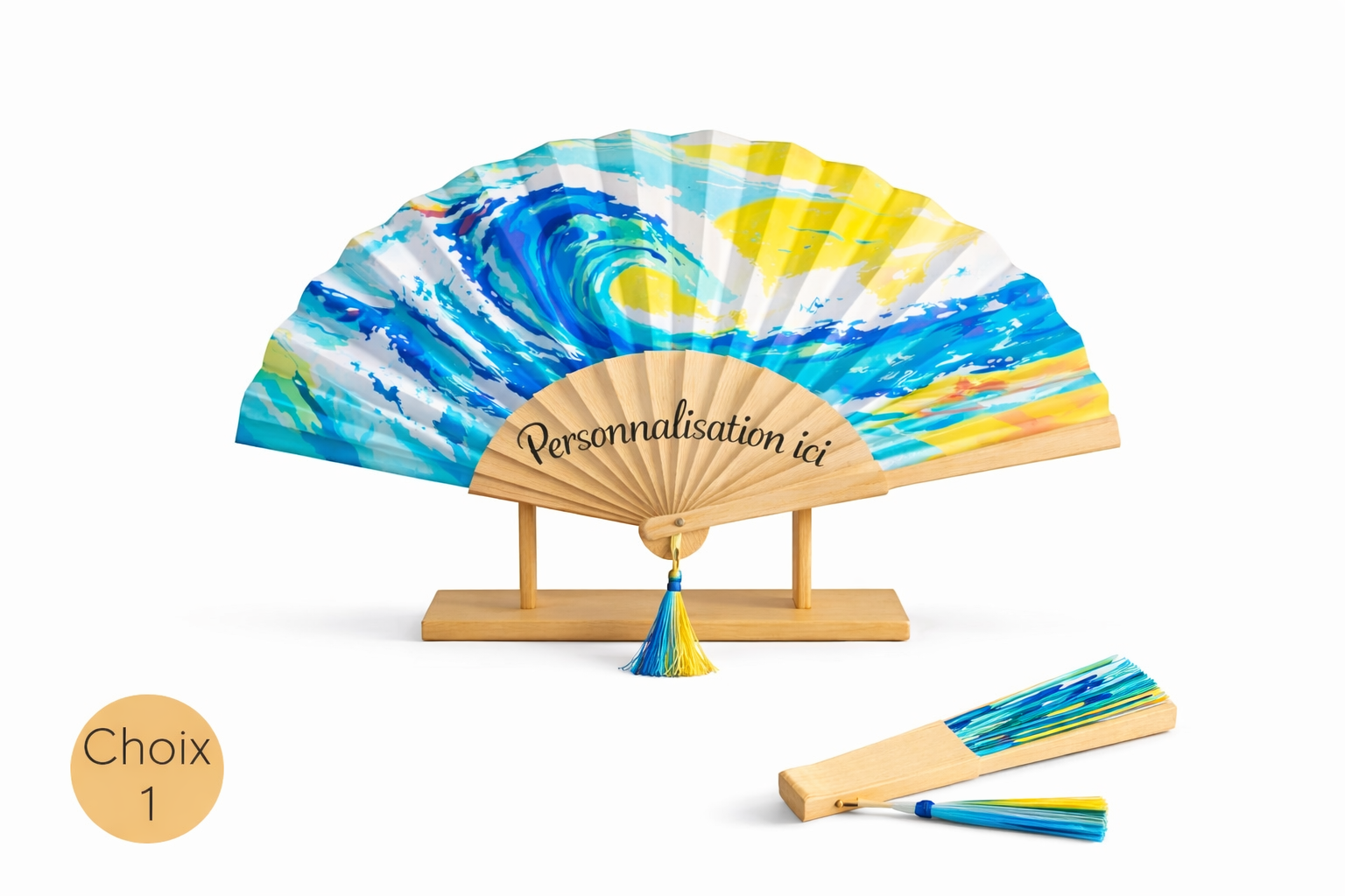 Éventail personnalisable coloré avec motif vague artistique