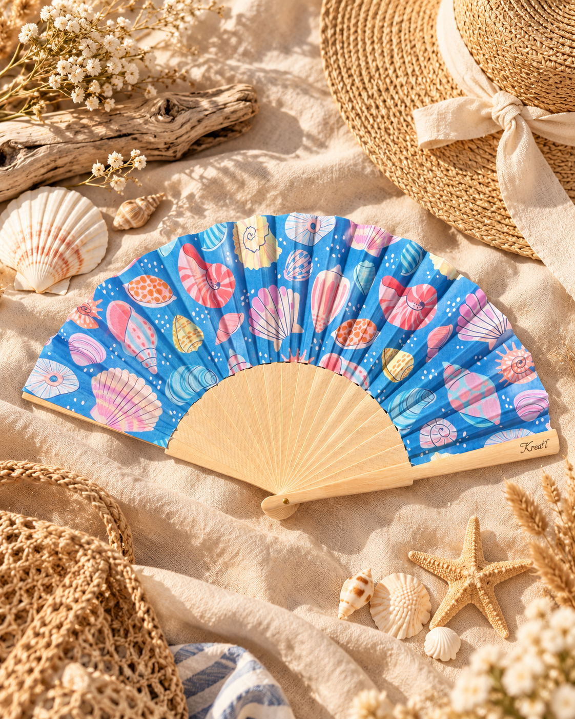 Eventail en bois personnalisable motif coquillage bord de mer fond bleuet- Kréat'L