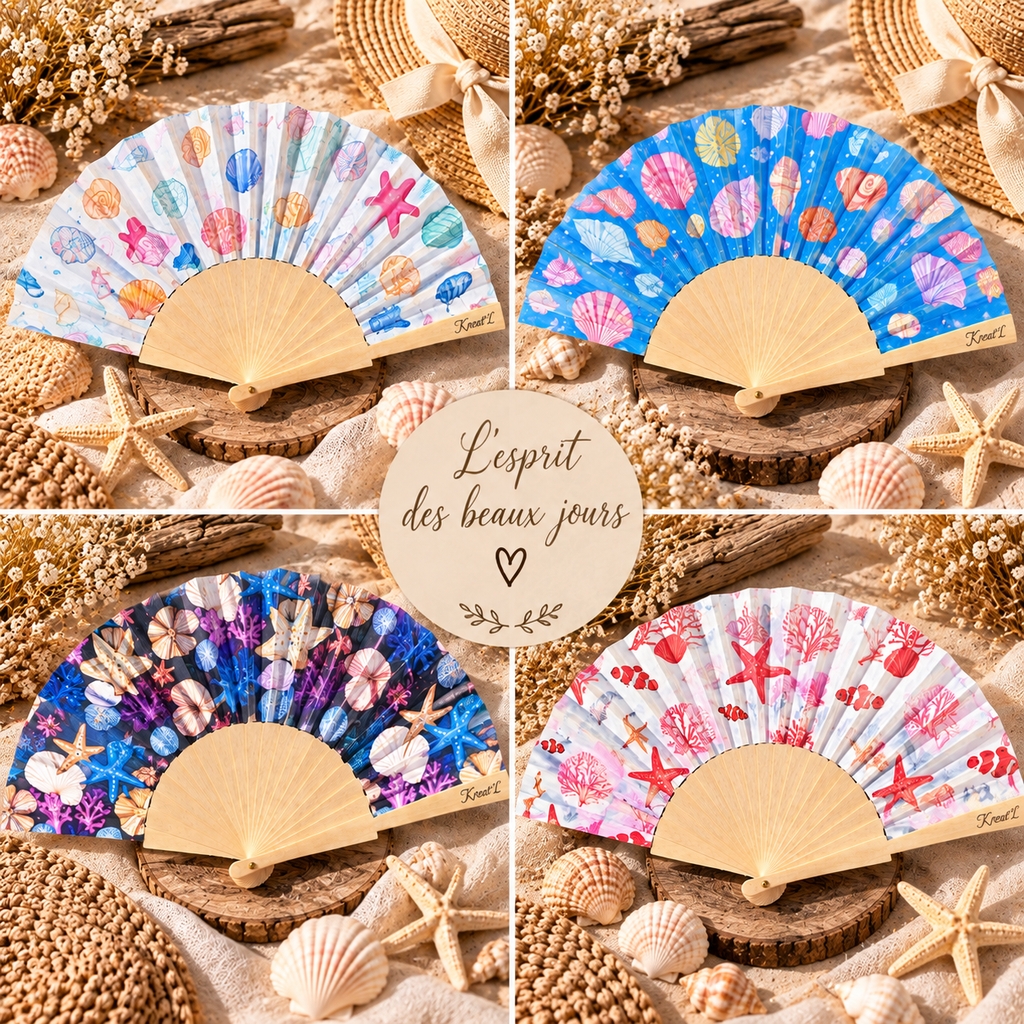 Eventail en bois personnalisable motif coquillage bord de mer - Kréat'L