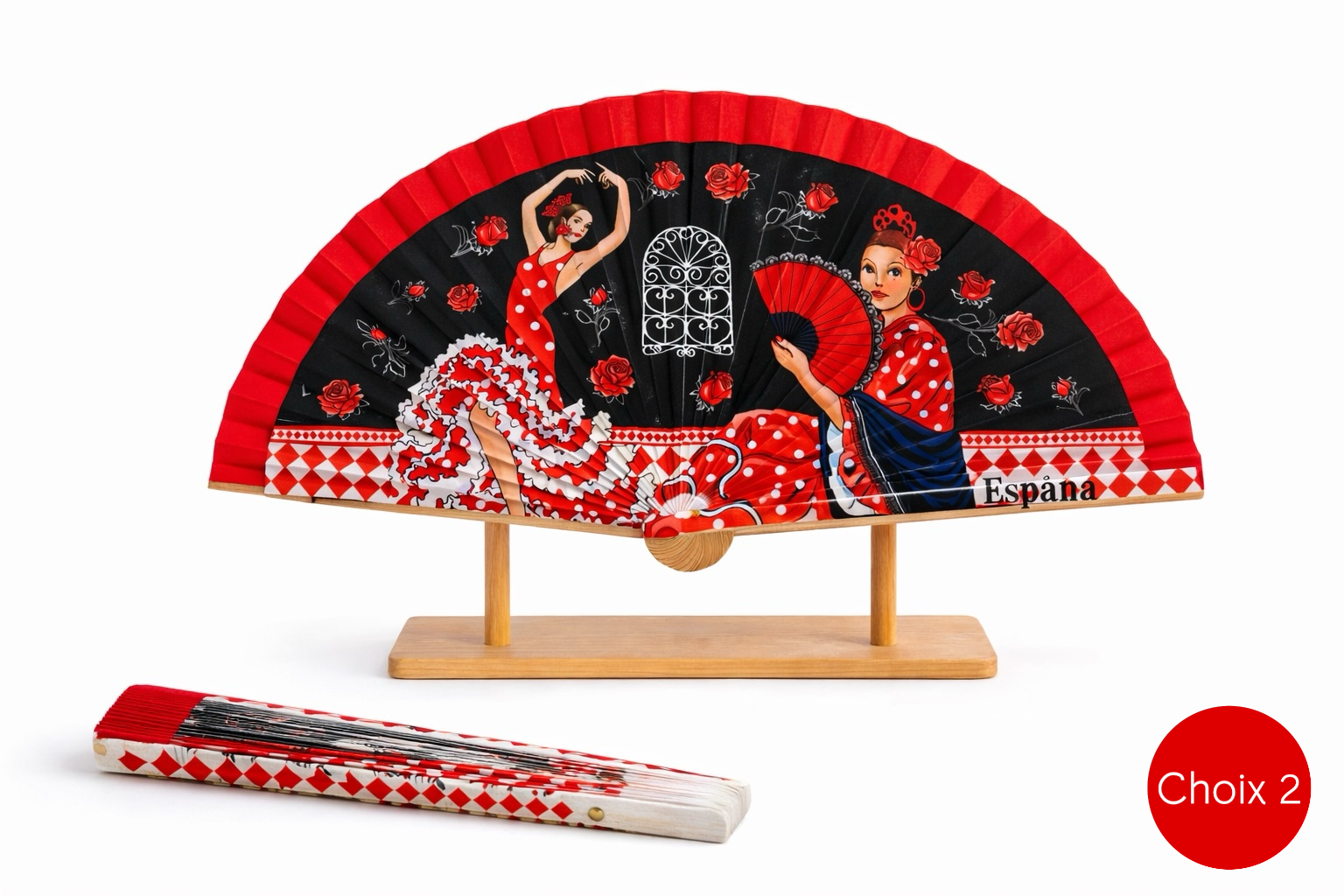 Éventail noir et rouge avec danseuse flamenco et motifs de roses espagnoles