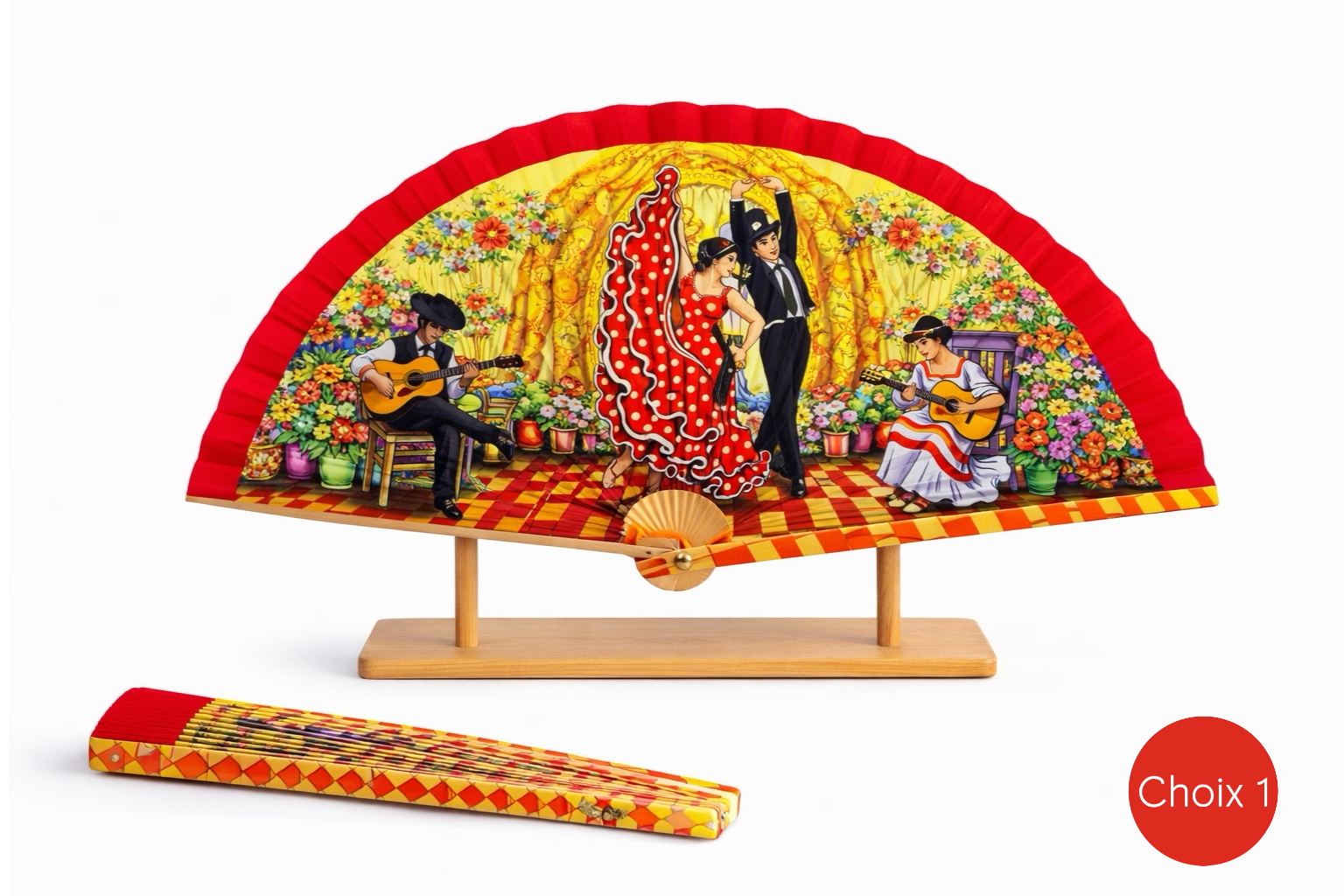 Éventail flamenco rouge avec danseurs et guitaristes dans un décor floral espagnol