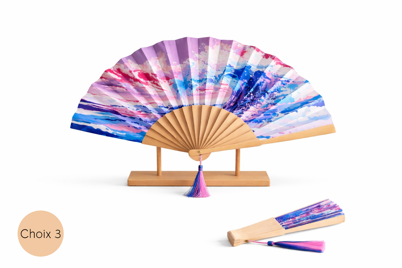 Éventail en bois personnalisable avec peinture abstraite multicolore