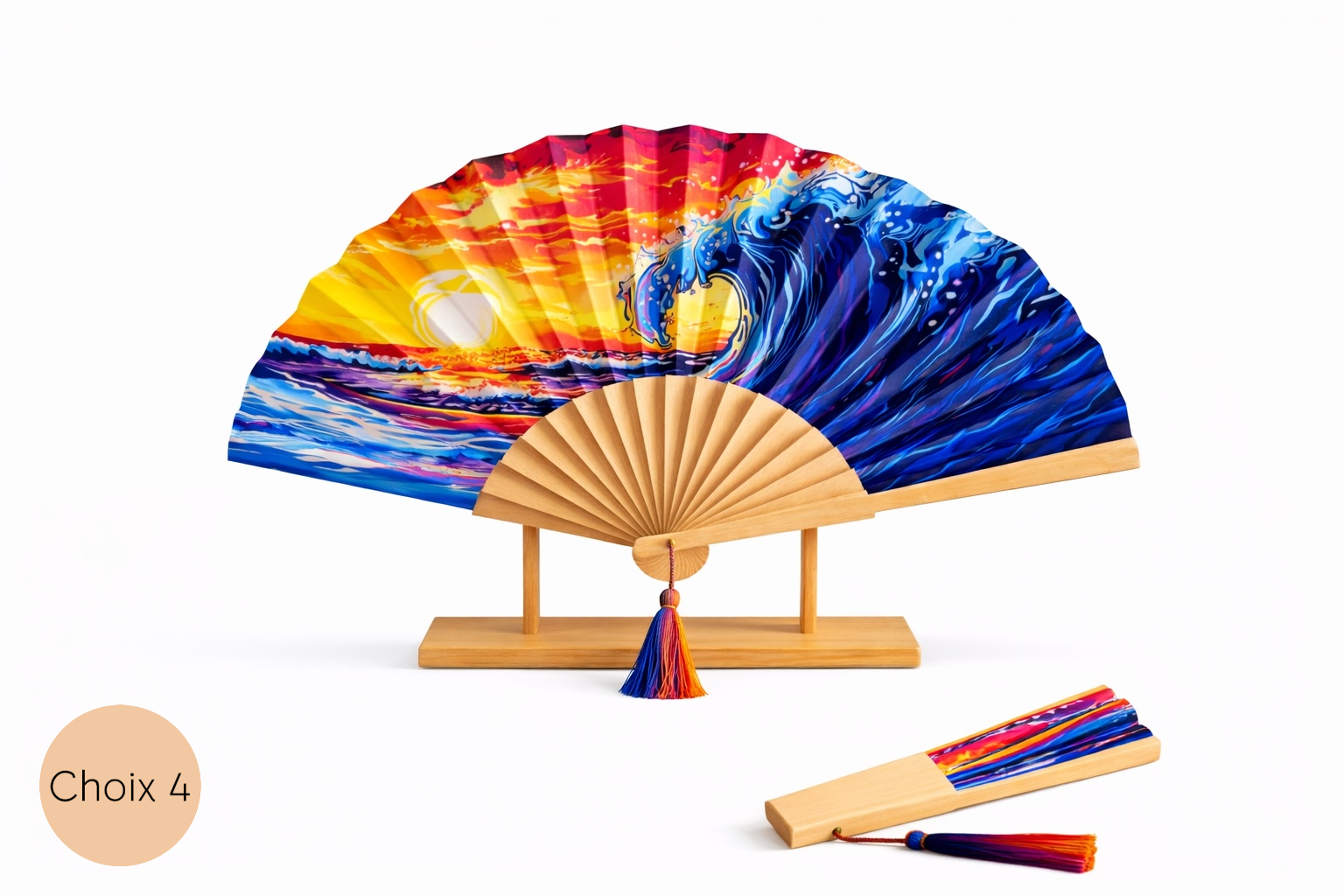 Éventail personnalisé bleu et jaune design moderne artistique