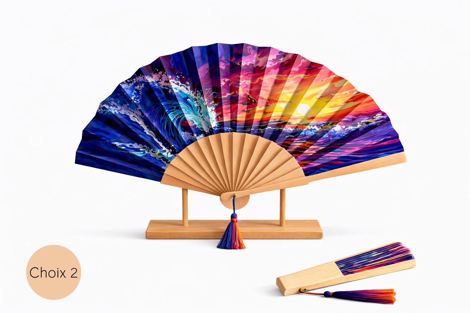 Éventail personnalisé avec design coucher de soleil et vagues