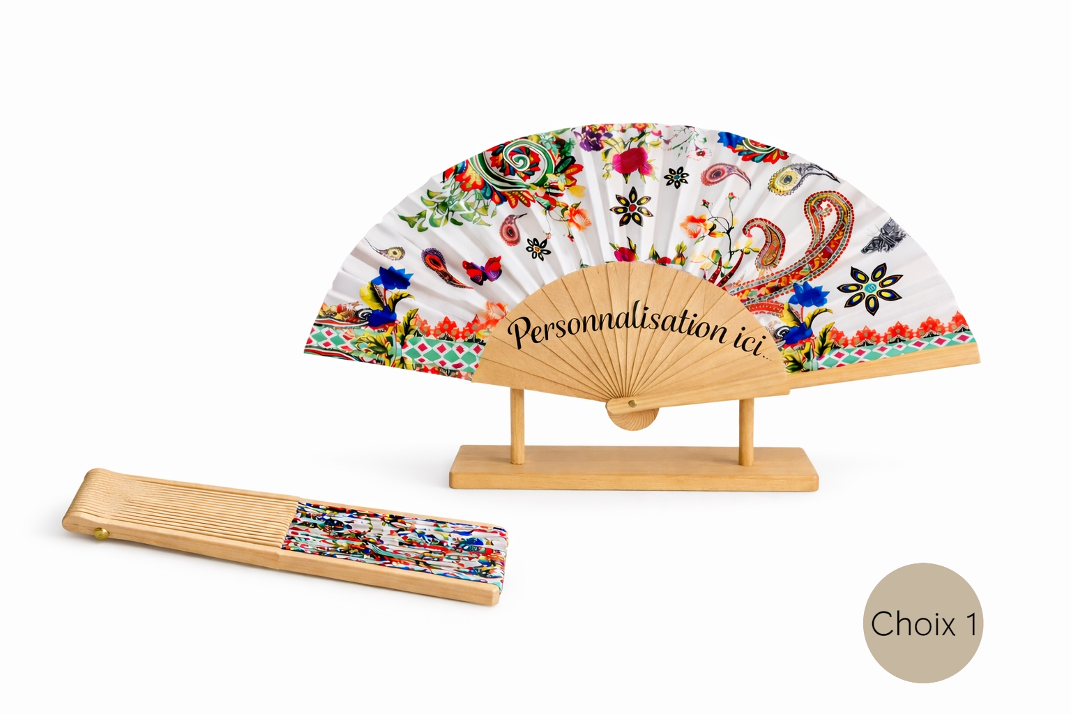éventail personnalisé coloré avec fleurs et motifs artistiques