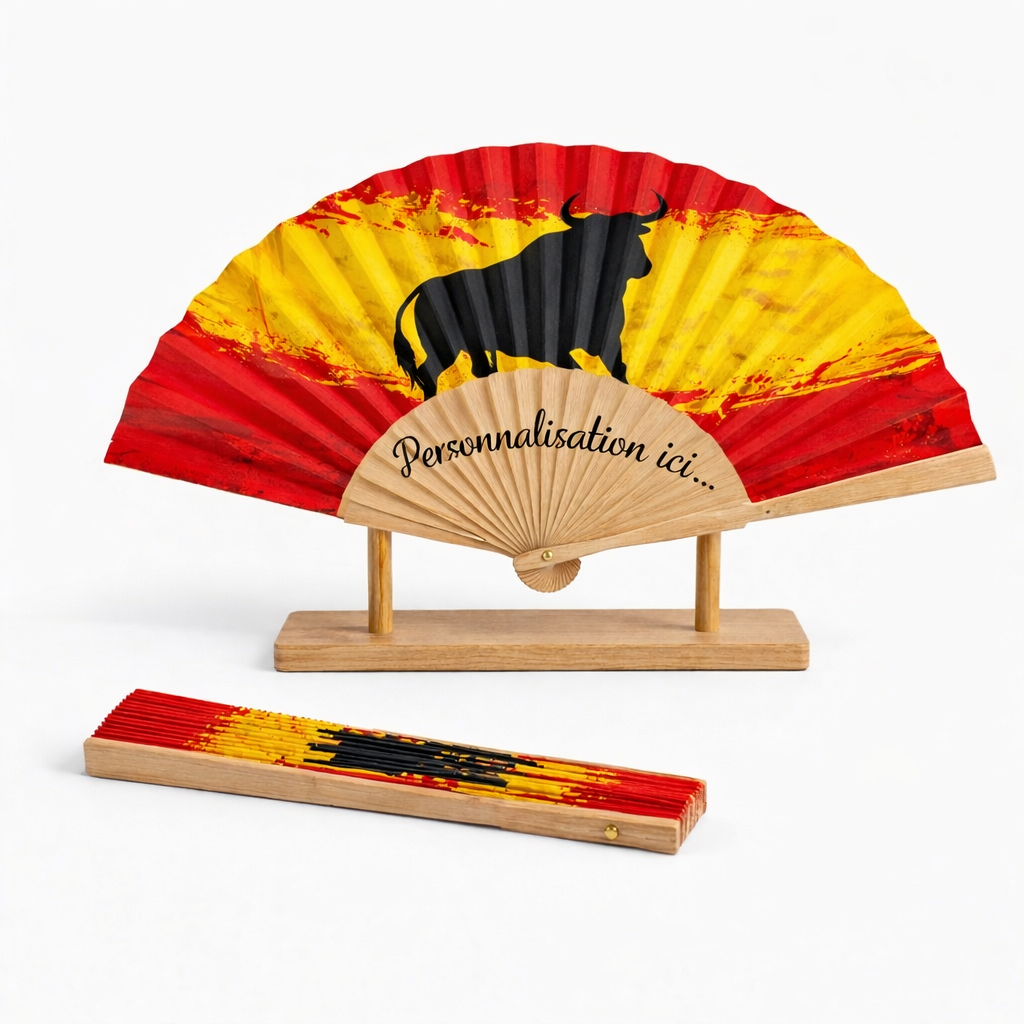 Éventail pliable personnalisable avec design espagnol rouge jaune et taureau noir
