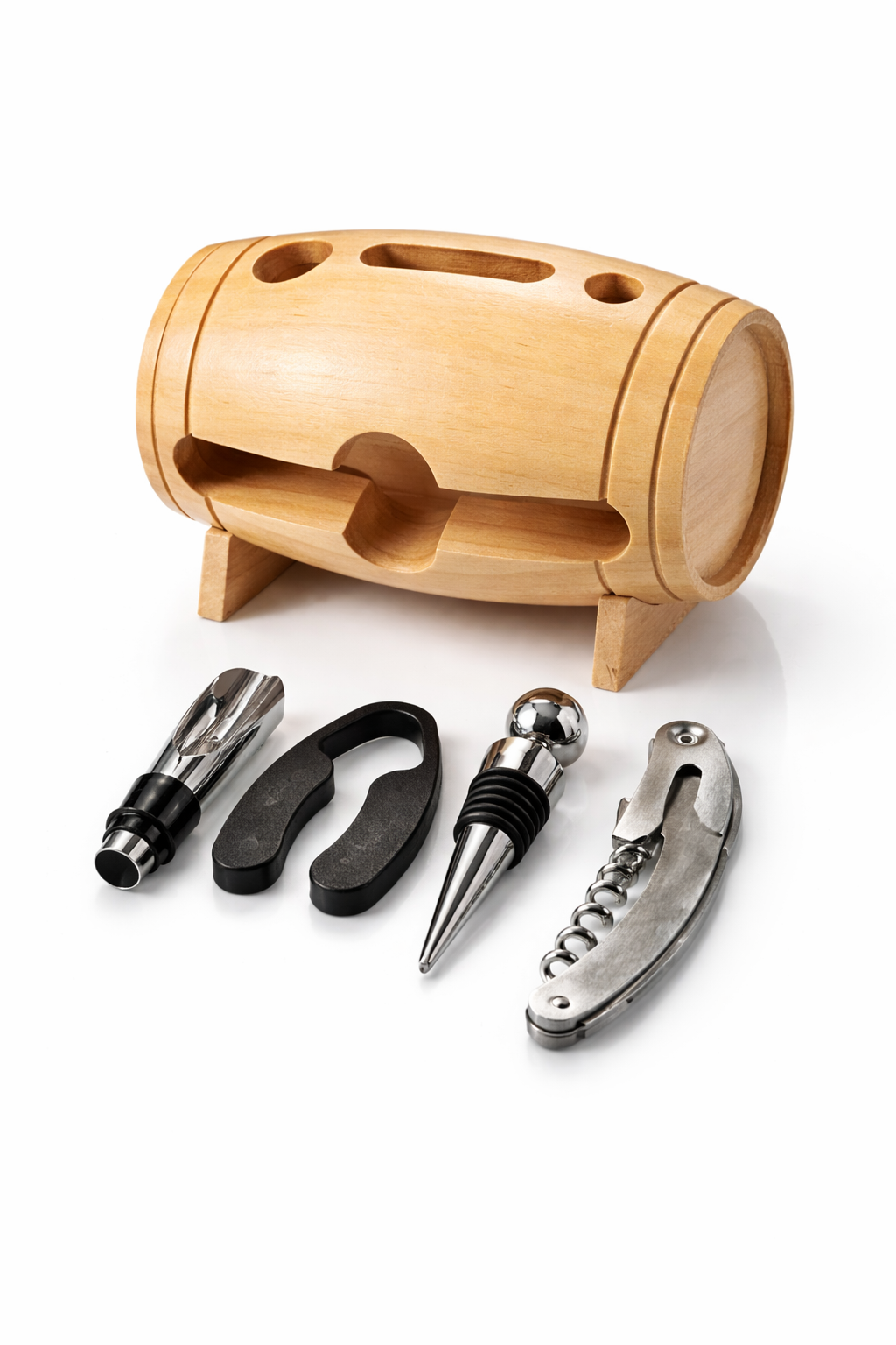 Kit à vin haut de gamme avec accessoires métalliques et support tonneau en bois