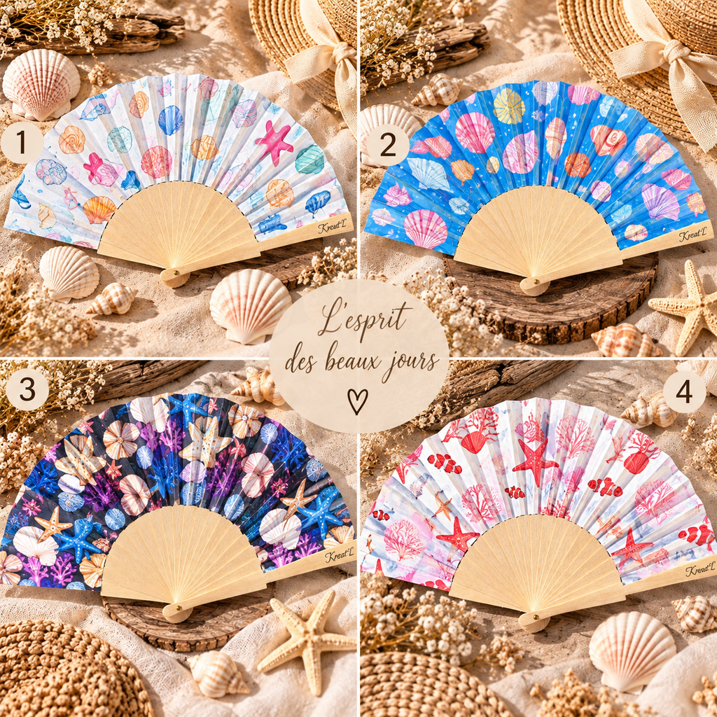 Éventail en bois personnalisable - Motifs coquillages & bord de mer