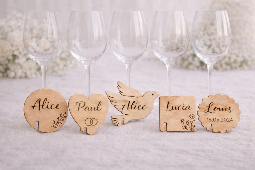 Marque-places en bois personnalisés avec prénoms gravés pour mariage