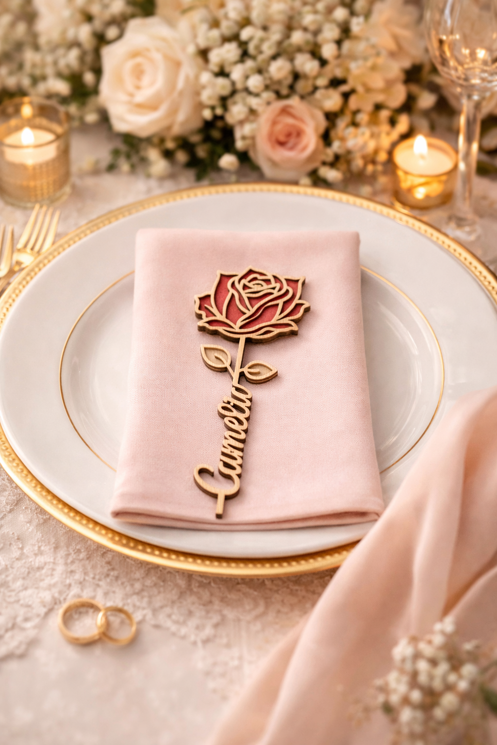 Marque-place en bois de peuplier avec prénom personnalisé et motif rose pour décoration de mariage