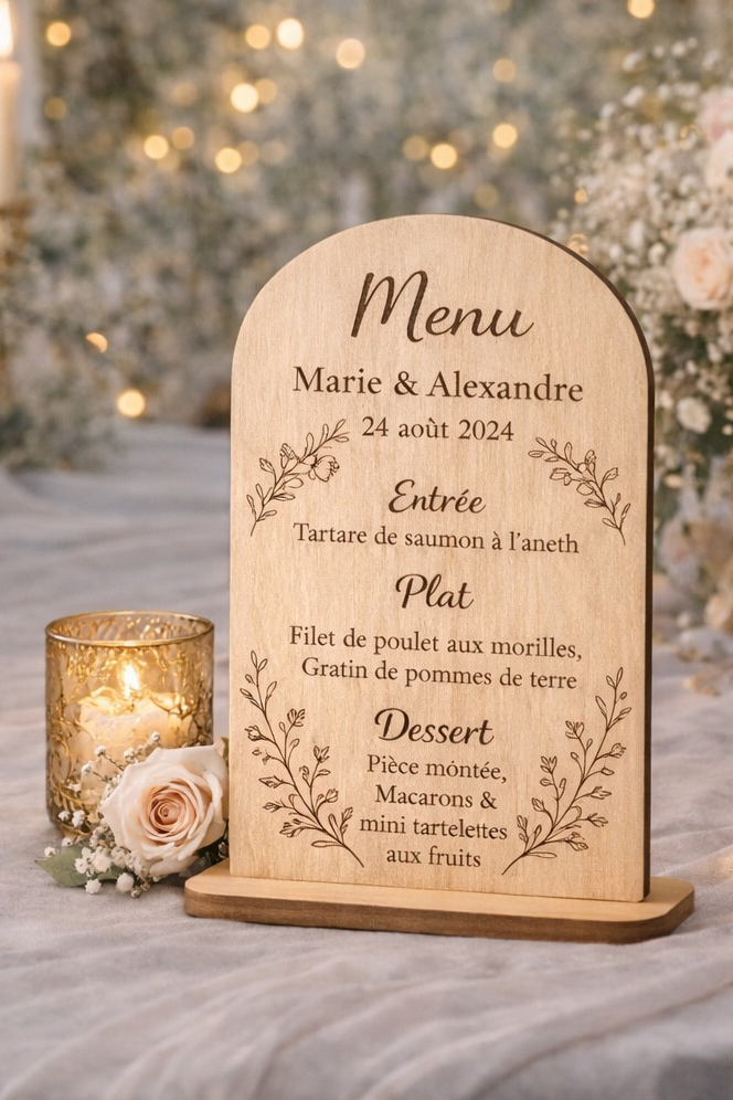 Menu de mariage personnalisé en bois de peuplier gravé avec prénoms et menu, forme arche avec motifs floraux