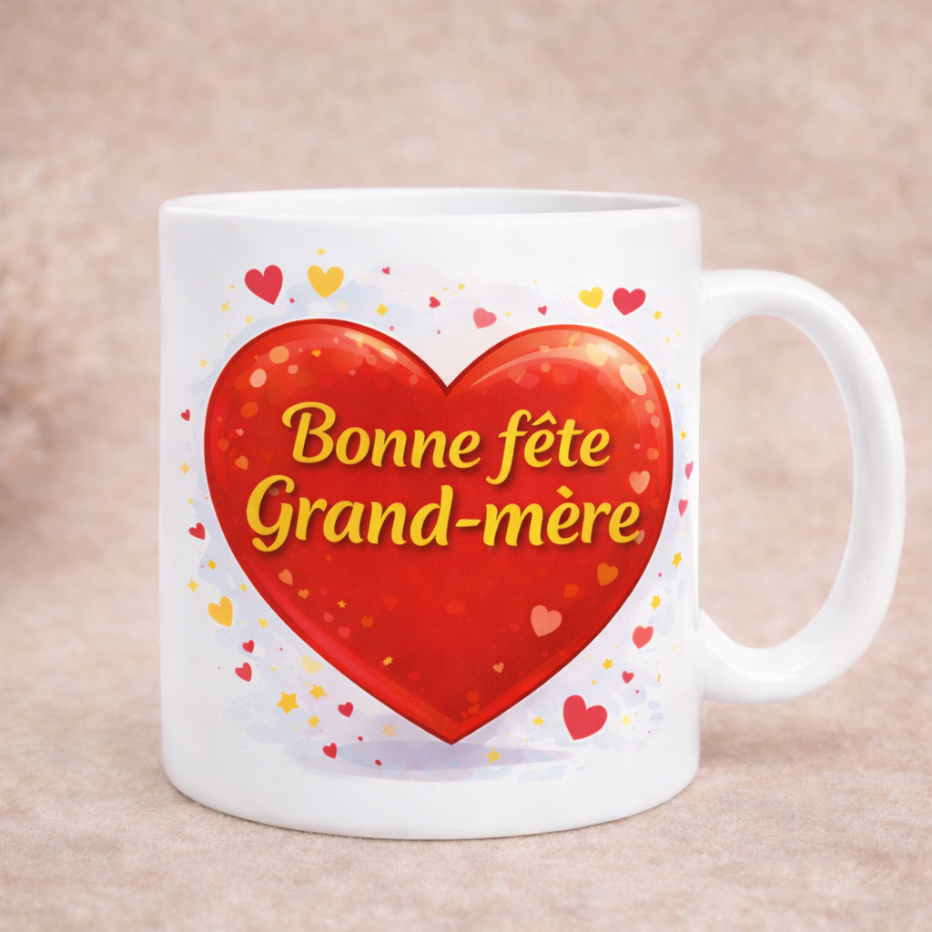 Mug blanc avec cœur rouge et inscription Bonne fête Grand-mère
