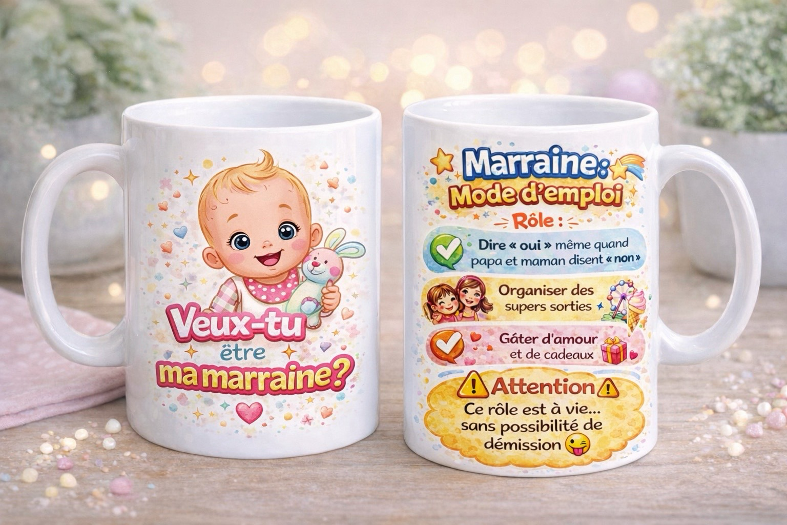 Mug en céramique avec illustration de bébé et message « Veux-tu être ma marraine ? », cadeau original pour annoncer une demande de marraine.