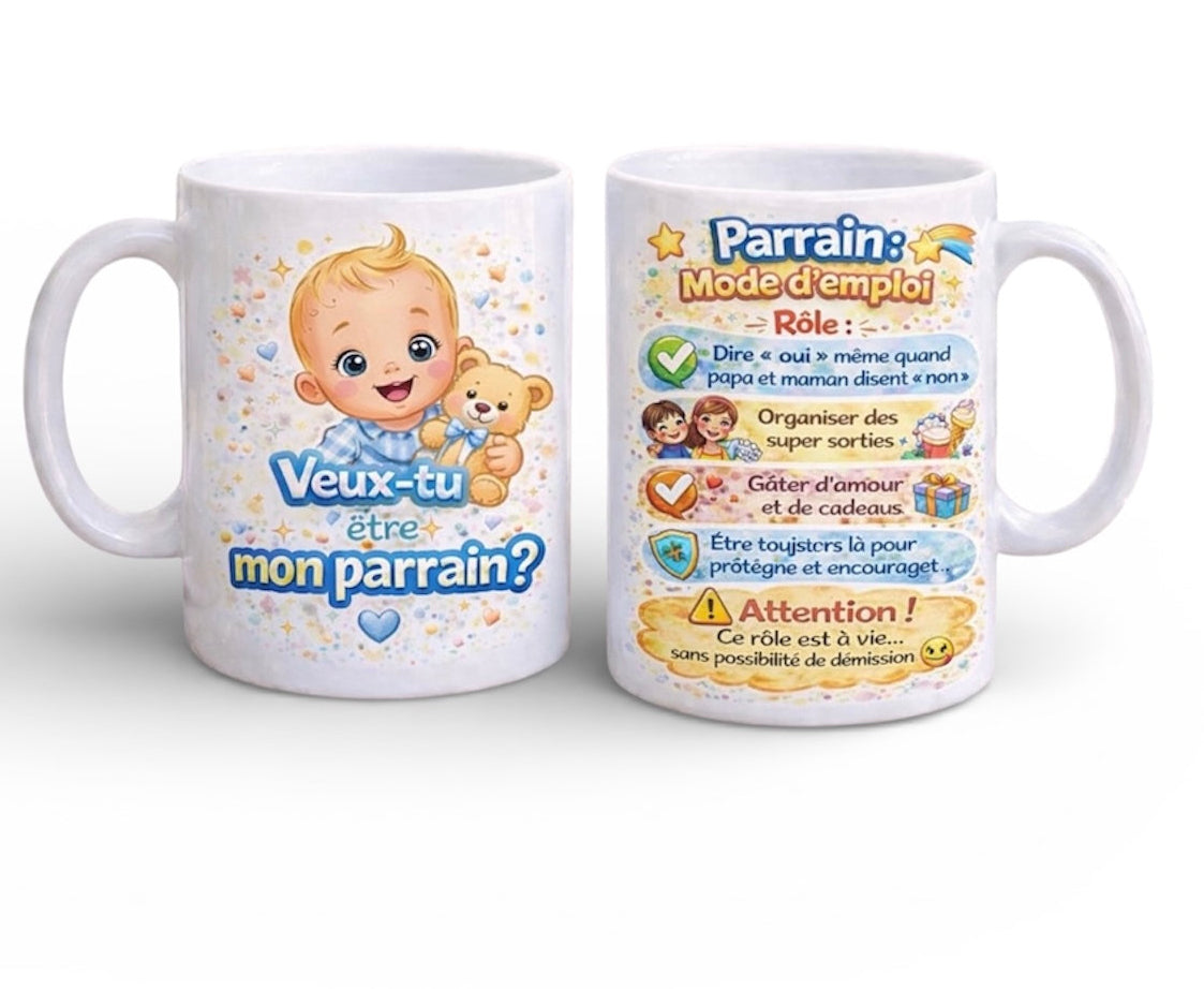 Mug en céramique avec illustration de bébé et message « Veux-tu être mon parrain ? », idée cadeau émouvante pour une annonce de parrain.