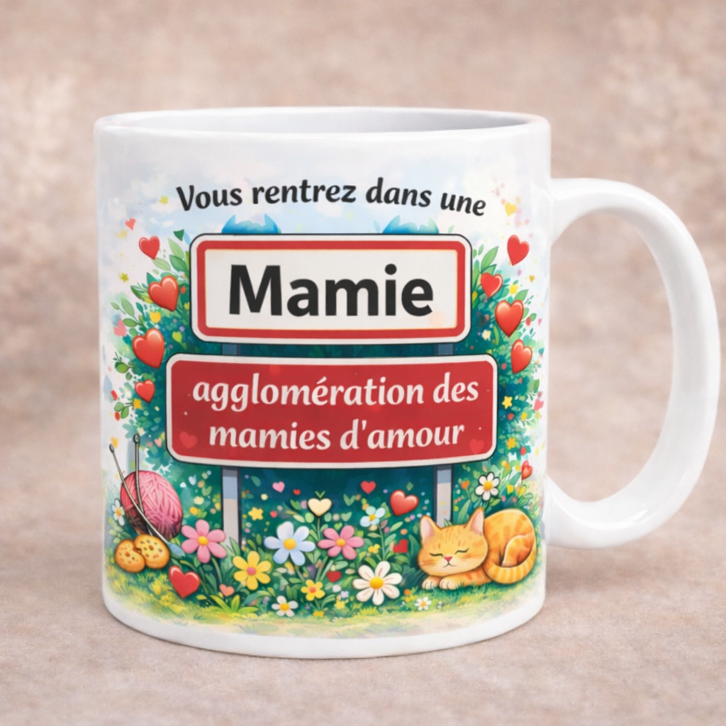 Mug Fête des Mamies avec inscription “Agglomération des mamies d’amour”, décoré de fleurs, cœurs et petit chat illustré.