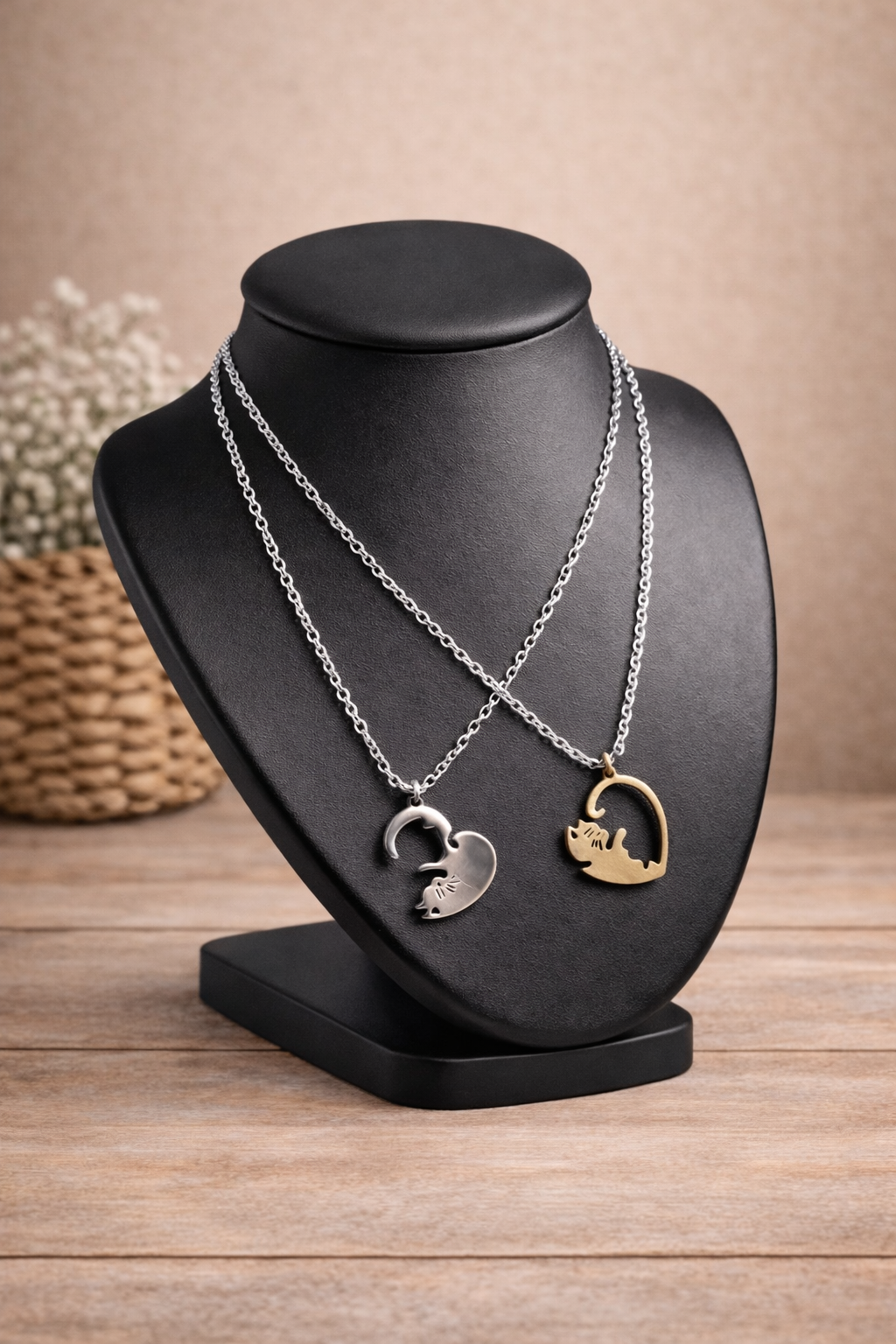 Pendentif cœur chat personnalisable en duo doré et argenté, bijou symbolique en acier inoxydable à graver, idéal cadeau amoureux
