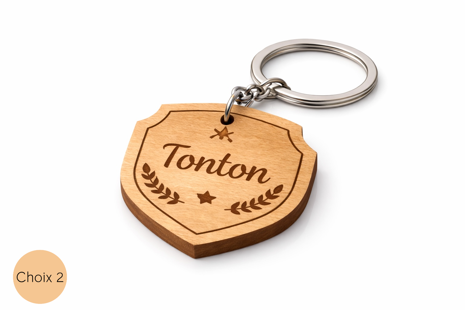 Porte-clé en bois blason gravé tonton personnalisé