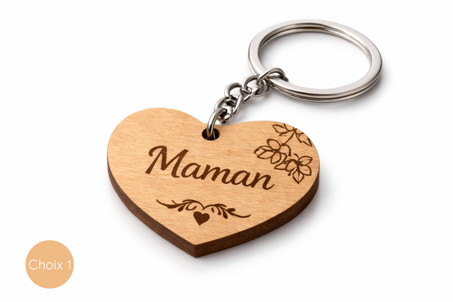 Porte-clé en bois cœur gravé maman personnalisé