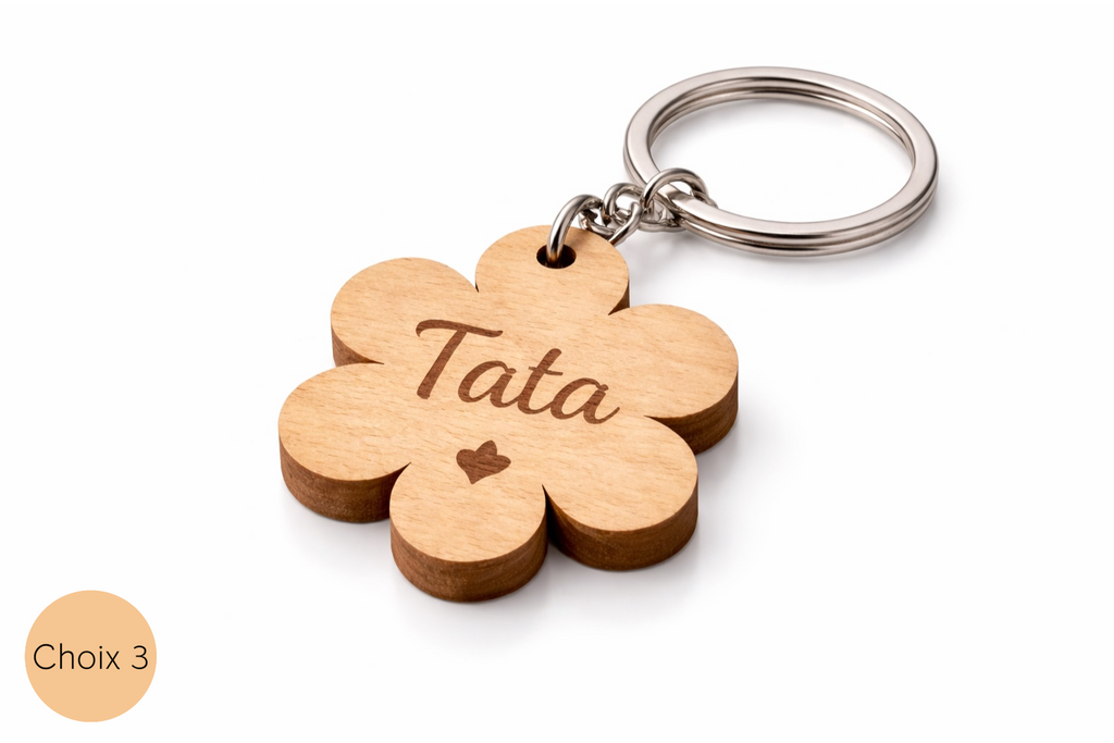 Porte-clé en bois forme fleur gravé tata personnalisé