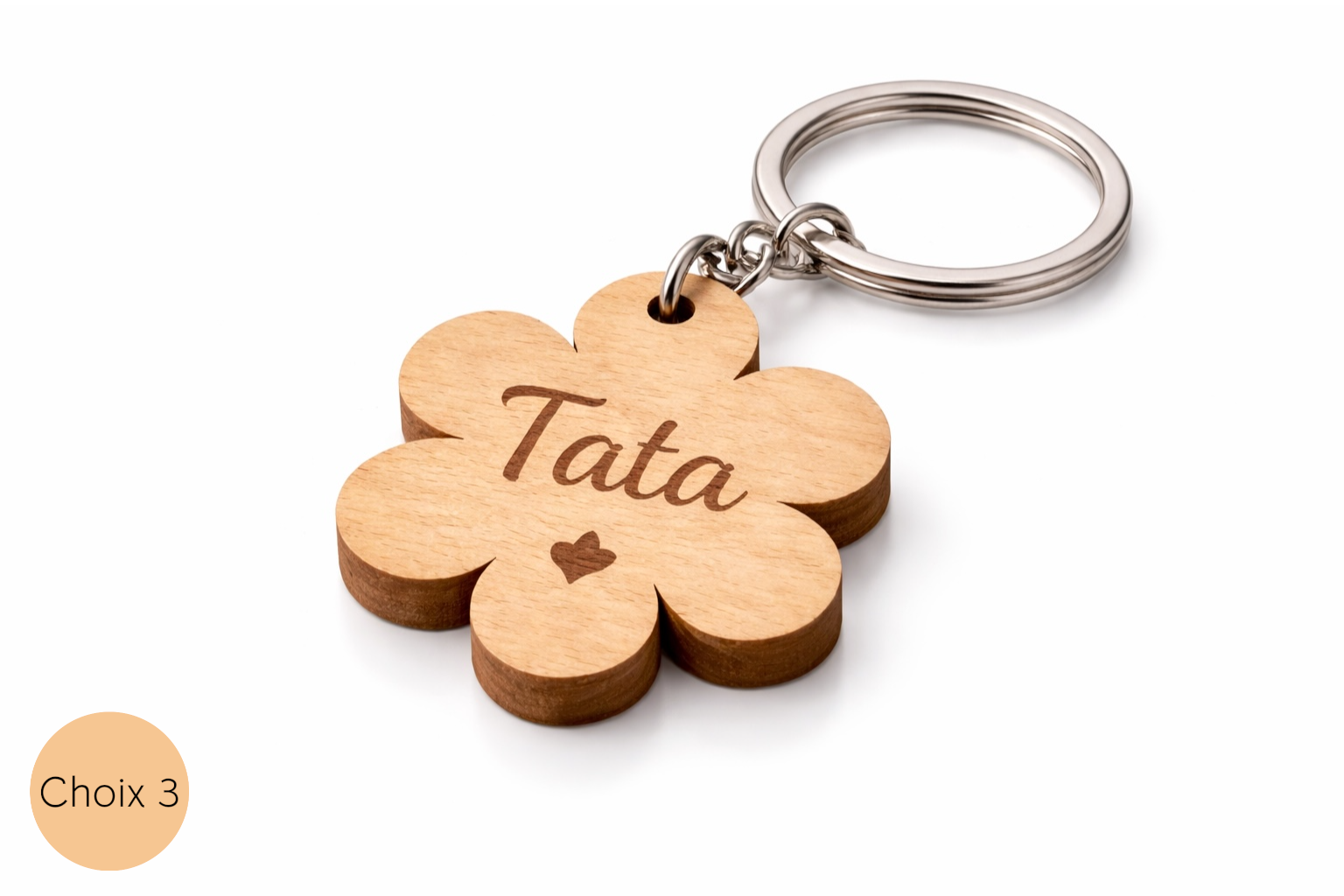 Porte-clé en bois forme fleur gravé tata personnalisé