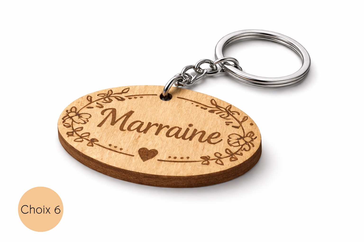 Porte-clé en bois ovale gravé marraine personnalisé
