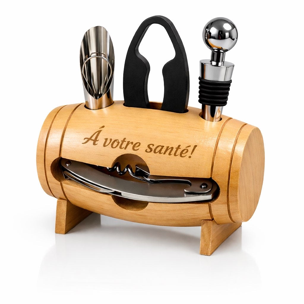 Set sommelier premium présenté dans un tonneau en bois naturel