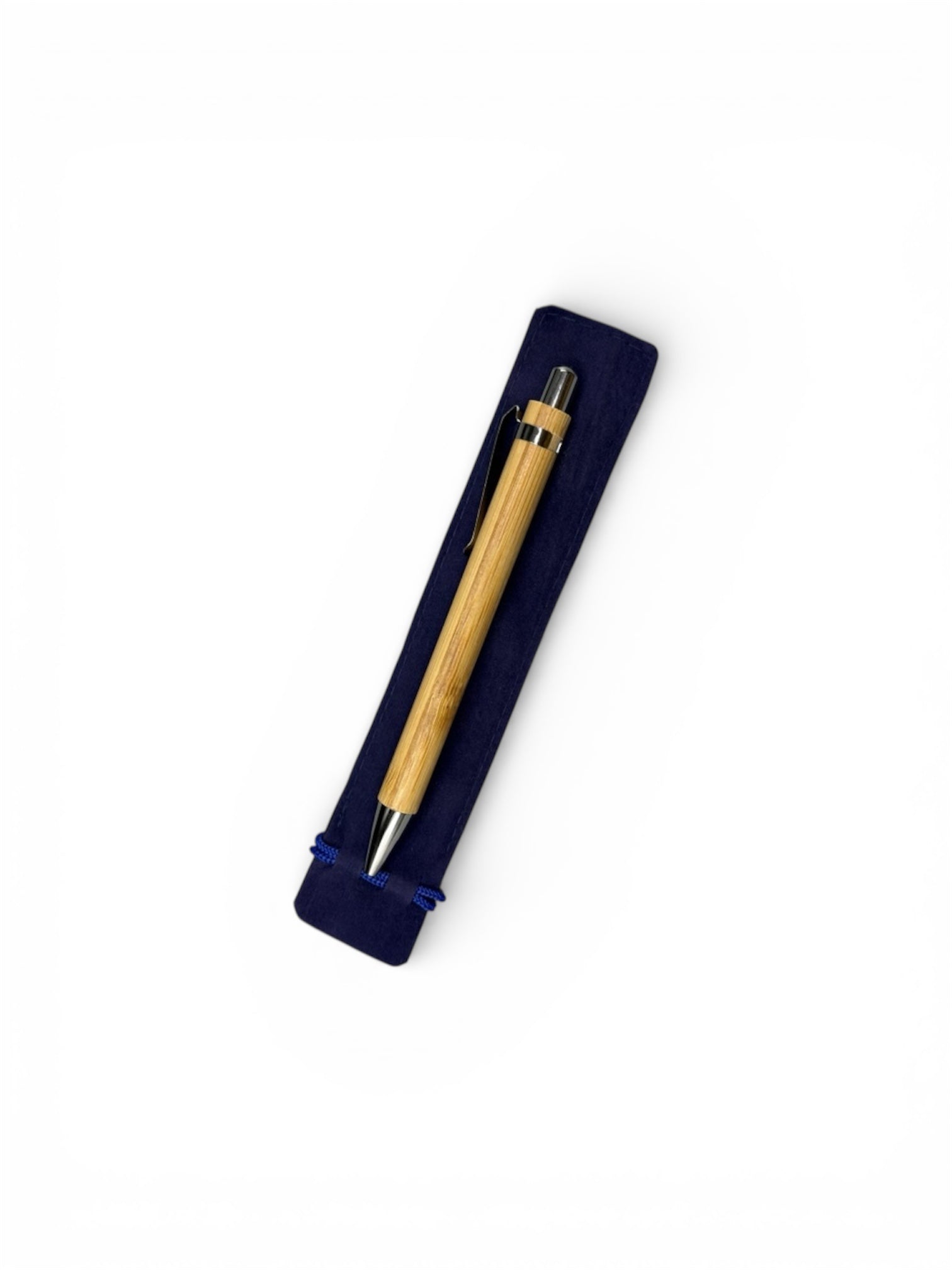 Stylo en bois personnalisable avec étui en velours bleu foncé, bambou naturel et métal argenté, cadeau élégant gravé