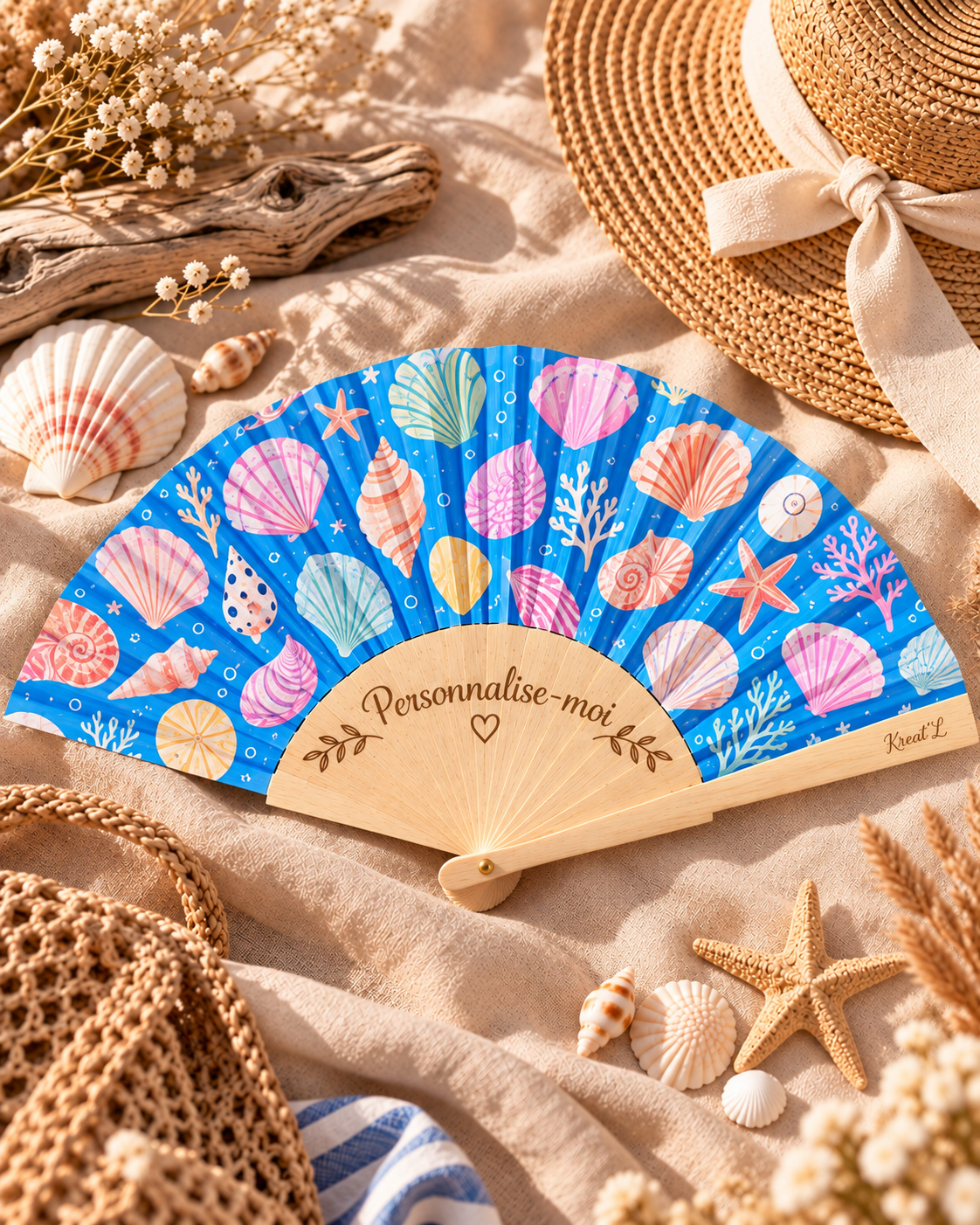 Éventail en bois personnalisable - Motifs coquillages & bord de mer